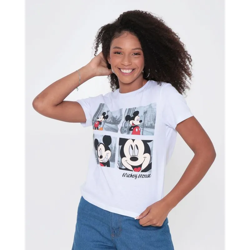 Camiseta Feminina Algodão Disney Mickey Disney Manga Curta Branca M