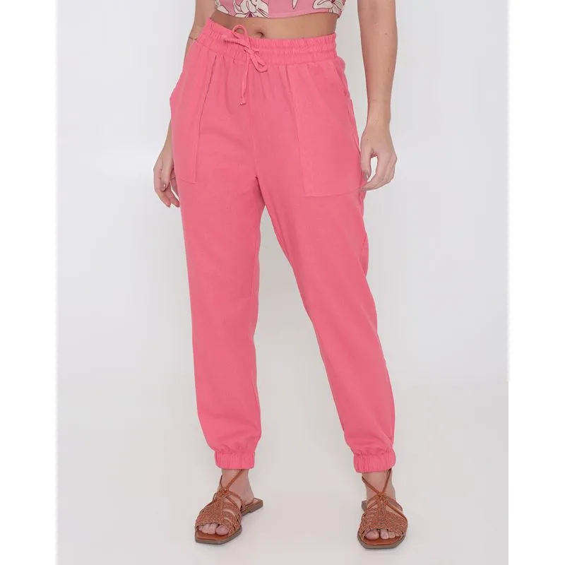 Calça Jogger Feminina Linho Lisa Rosa Claro 42