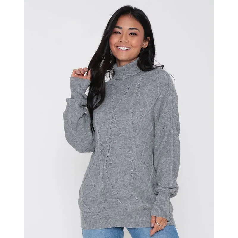 Suéter Feminino Tricô Gola Alta Cinza Médio P
