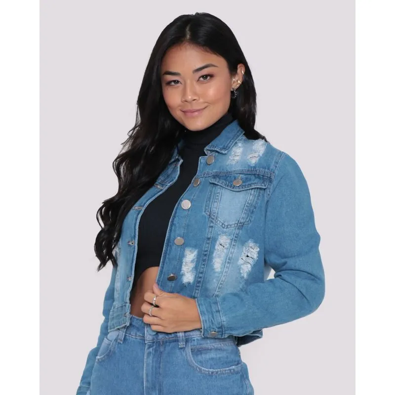 Jaqueta Jeans Feminina Cropped Azul GG