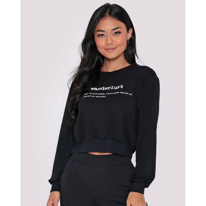Blusa Moletinho Cropped Wanderlust Preta GG