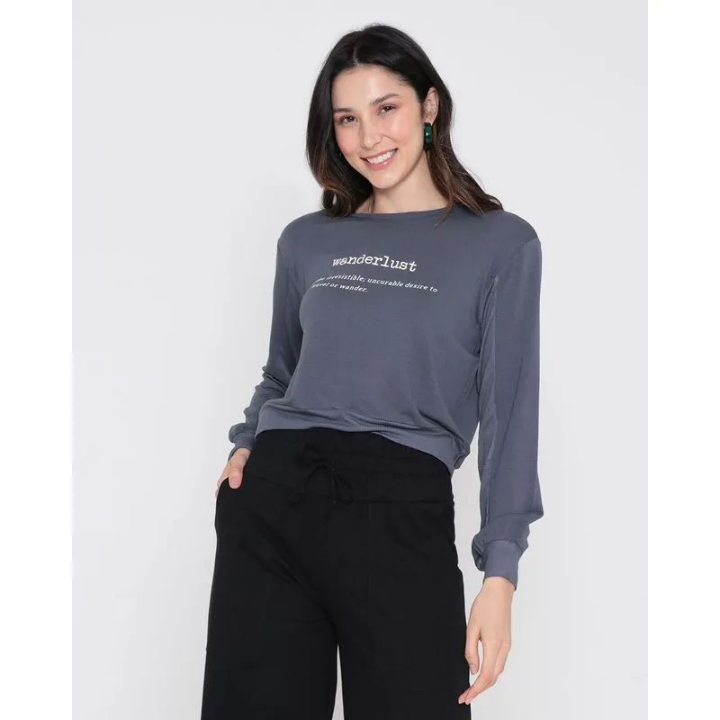 Blusa Feminina Moletinho Cropped Wanderlust Cinza M
