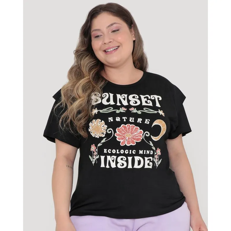 Blusa Plus Size Viscose Estampa Sunset Preta G3
