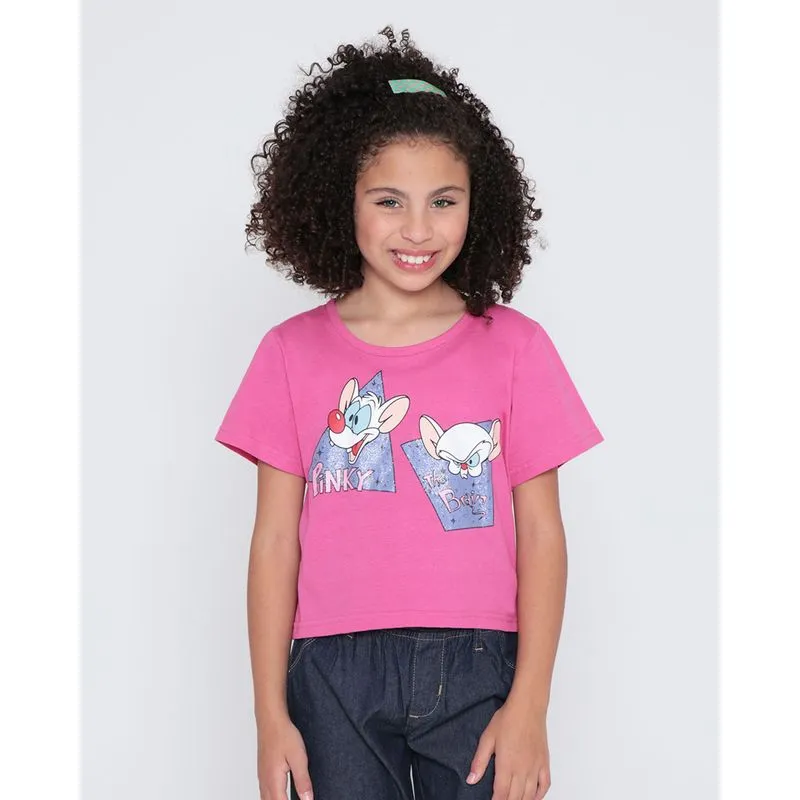 Blusa Juvenil Cropped Cartoon Pinky o Cérebro Rosa 12