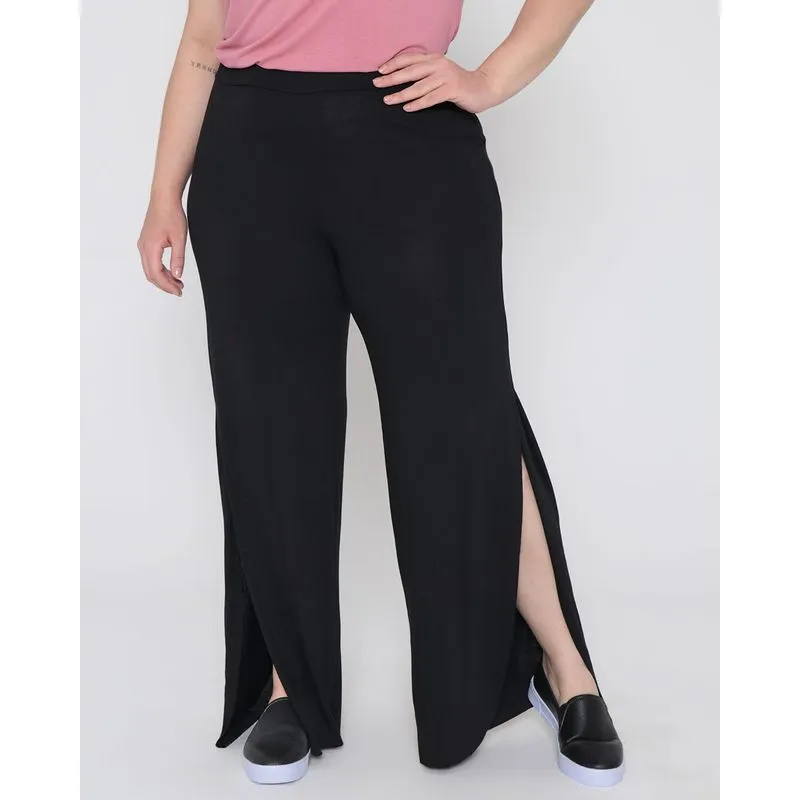 Calça Pantalona Plus Size Feminina Fenda Preta G1