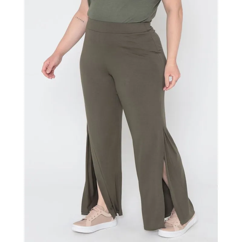 Calça Plus Size Feminina Pantalona Com Fenda Lateral Verde G2