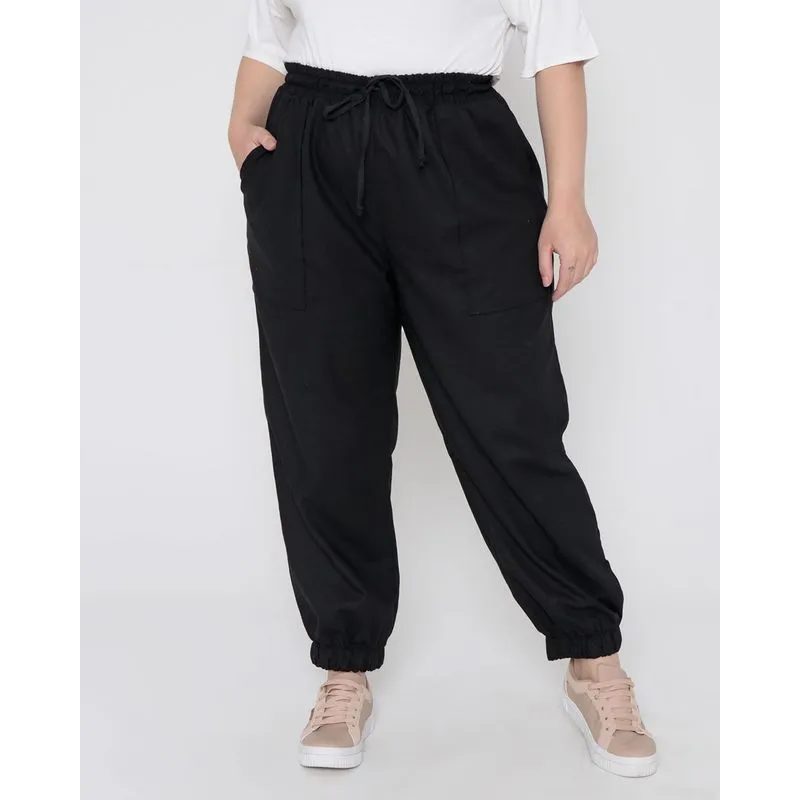 Calça Linho Plus Size Feminina Jogger Preta 50
