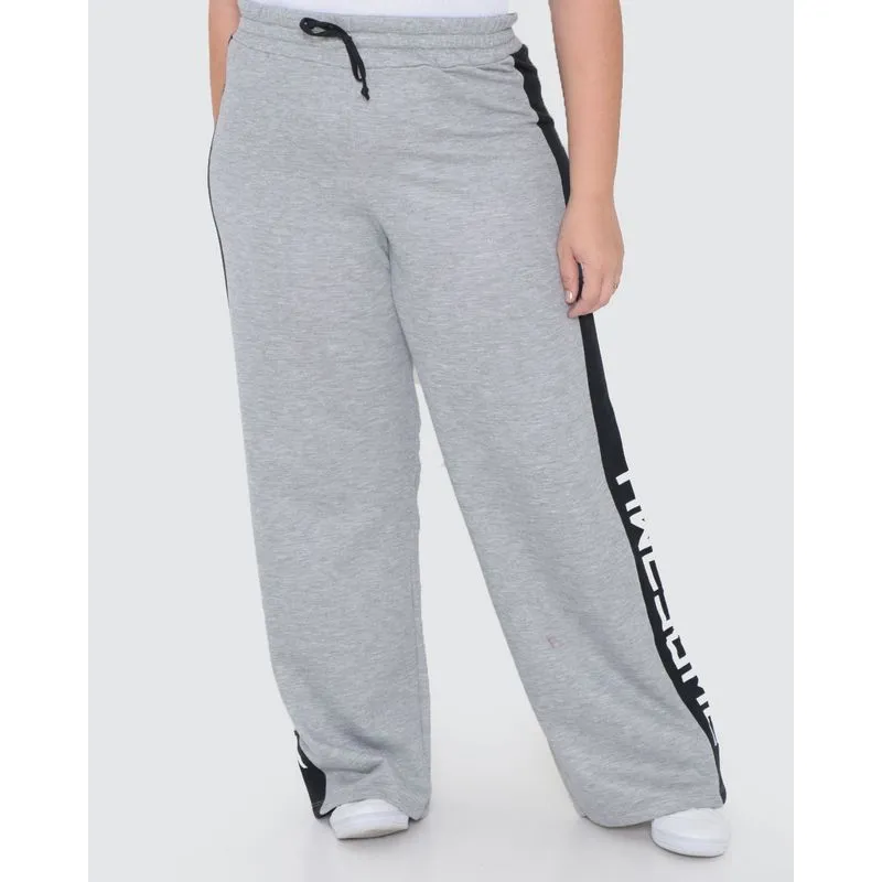 Calça Moletom Feminina Plus Size Wide Leg Cinza Claro G1