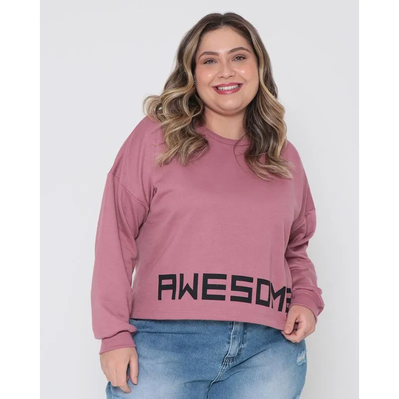 Blusão Cropped Plus Size Moletom Estampa Rosa Médio G1