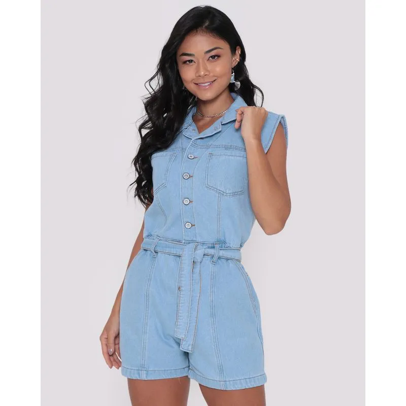 Macaquinho Jeans Feminina Cinto Azul Claro 44