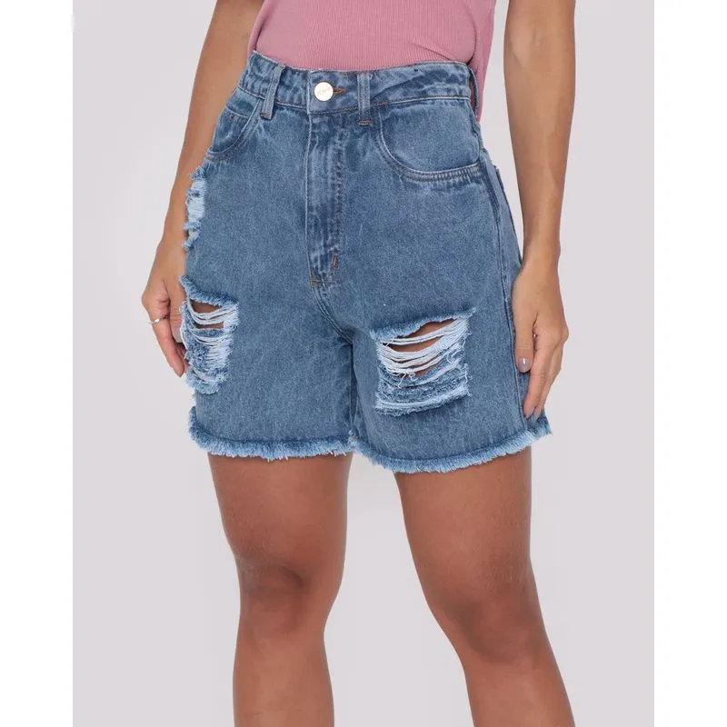 Short Jeans Feminino Cintura Alta Destroyed Azul Médio 44