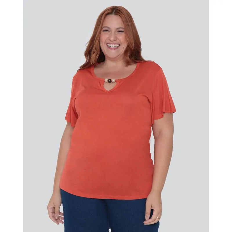 Blusa Feminina Plus Size Decote Gota Laranja Médio G3