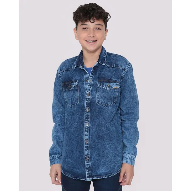 Camisa Jeans Juvenil Manga Longa Azul 14