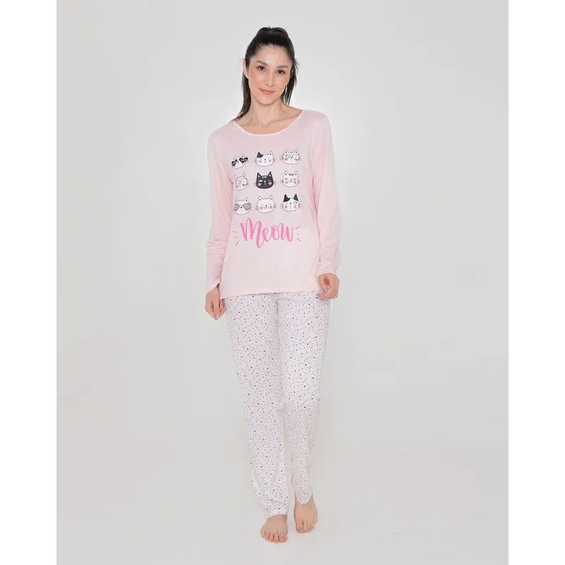 Pijama Feminino Longo Estampa Gatinhos e Coração Rosa G