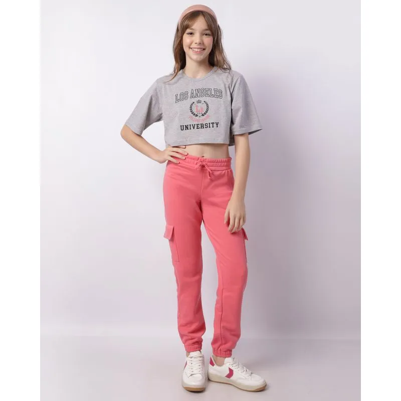 Calça Moletom Juvenil Jogger Bolso Cargo Rosa 10