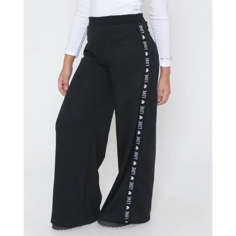 Calça Moletom Juvenil Wide Leg Faixa Love Preta 16