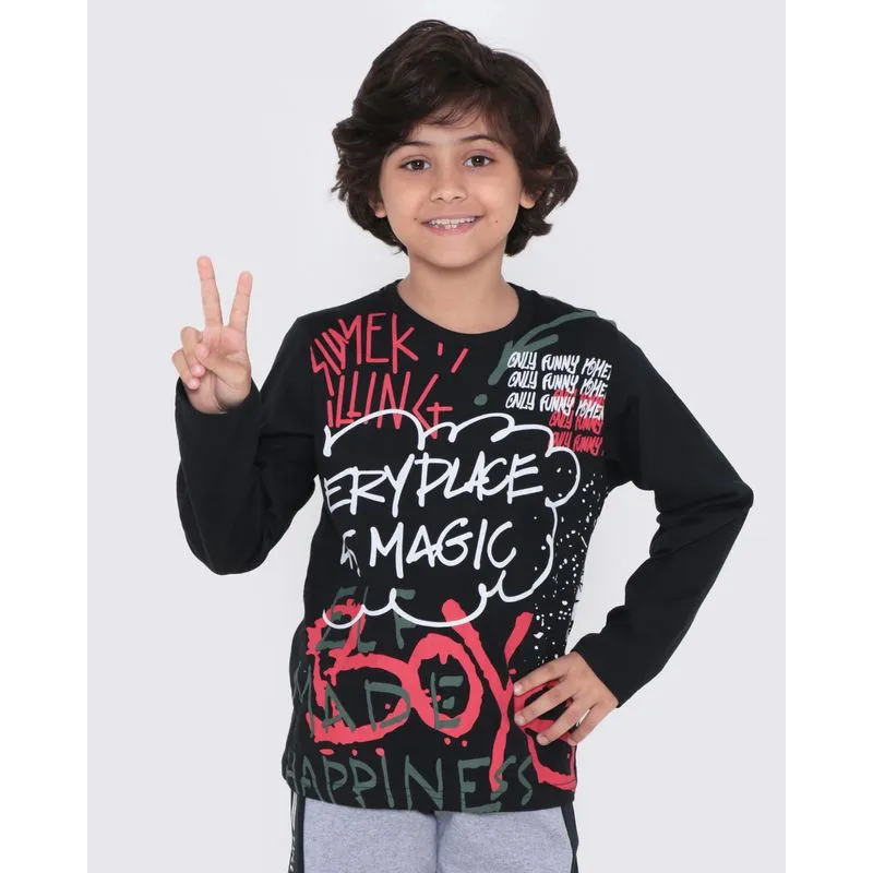 Camiseta Infantil Manga Longa Estampada Preta 6