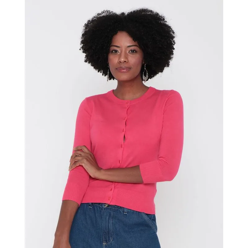 Cardigã Feminino Manga 7/8 Tricô Rosa PP