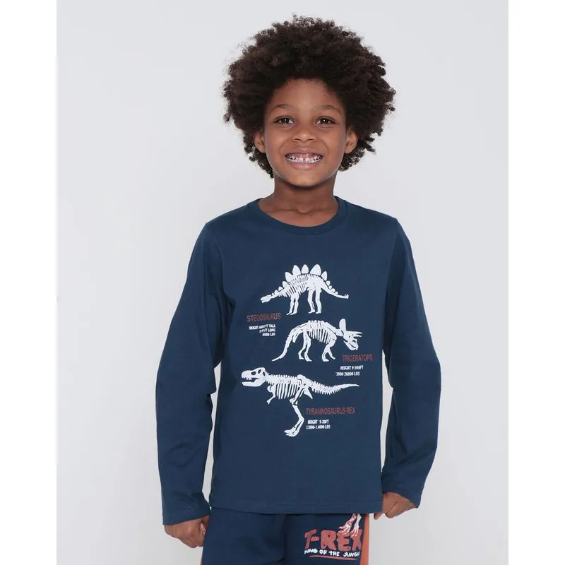 Camiseta Infantil Manga Longa Estampa Dinossauro Azul Marinho 6