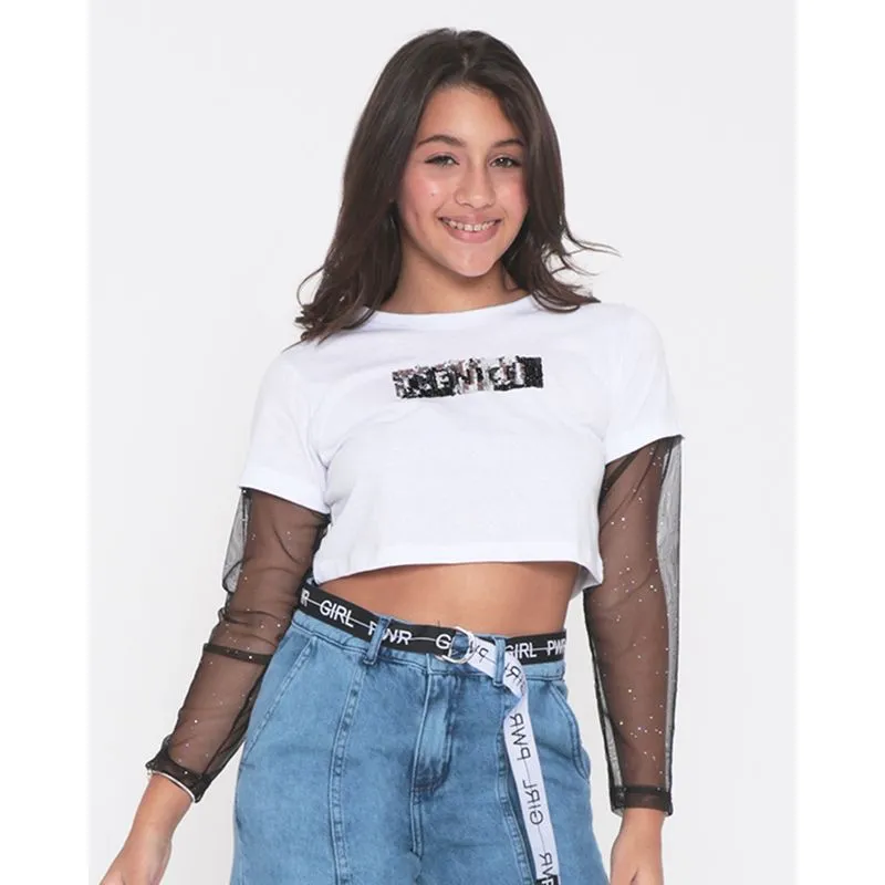 Blusa Cropped Juvenil Manga Tule Be Nice Branca 16