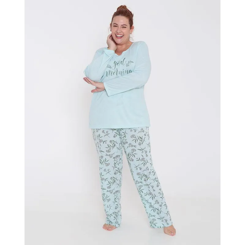 Pijama Feminino Plus Size Longo Verde Claro 50
