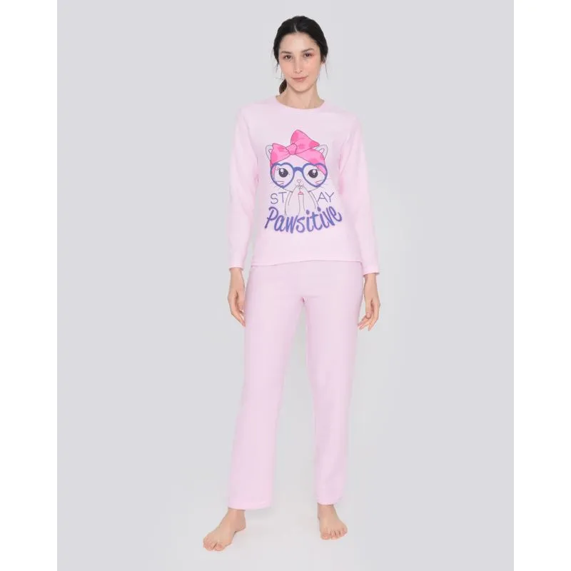 Pijama Feminino Soft Longo Estampa Gatinho Rosa Claro G