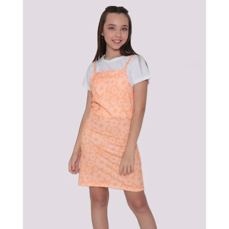 Vestido Juvenil Alcinha Canelado Blusa Básica Floral Laranja 10