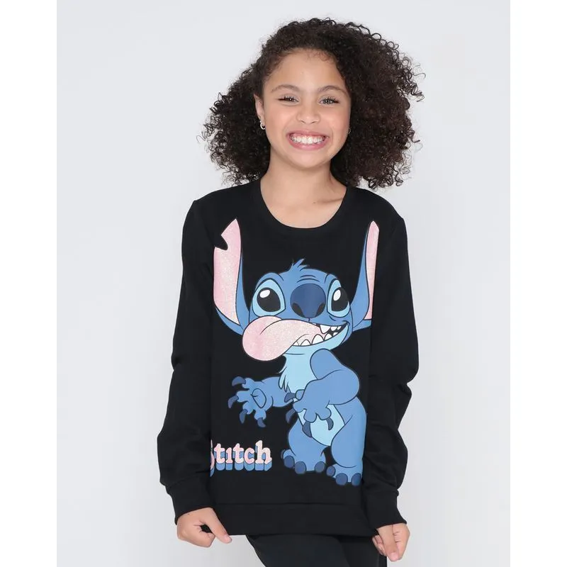 Blusão Juvenil Moletom Estampa Disney Stitch Preto 10