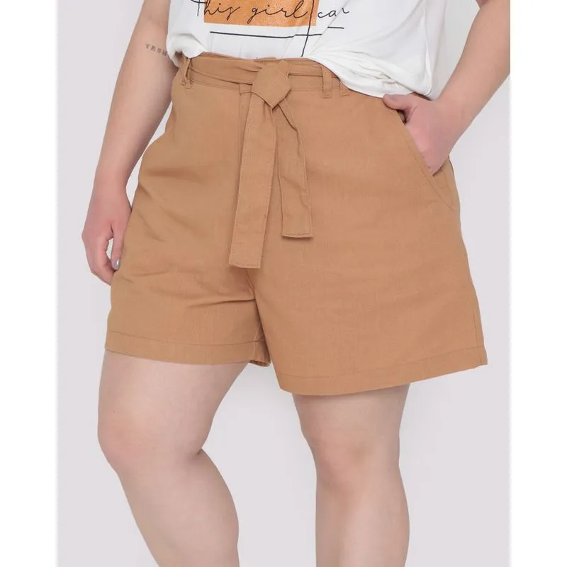 Short Linho Feminino Plus Size Clochard Bege Médio 54