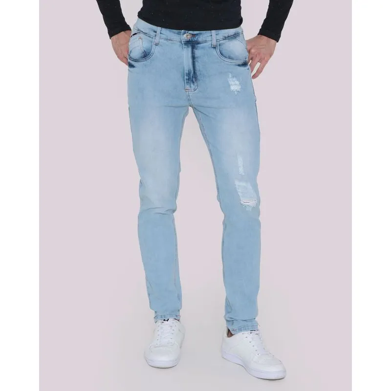 Calça Jeans Masculina Slim Destroyed Azul Claro 38