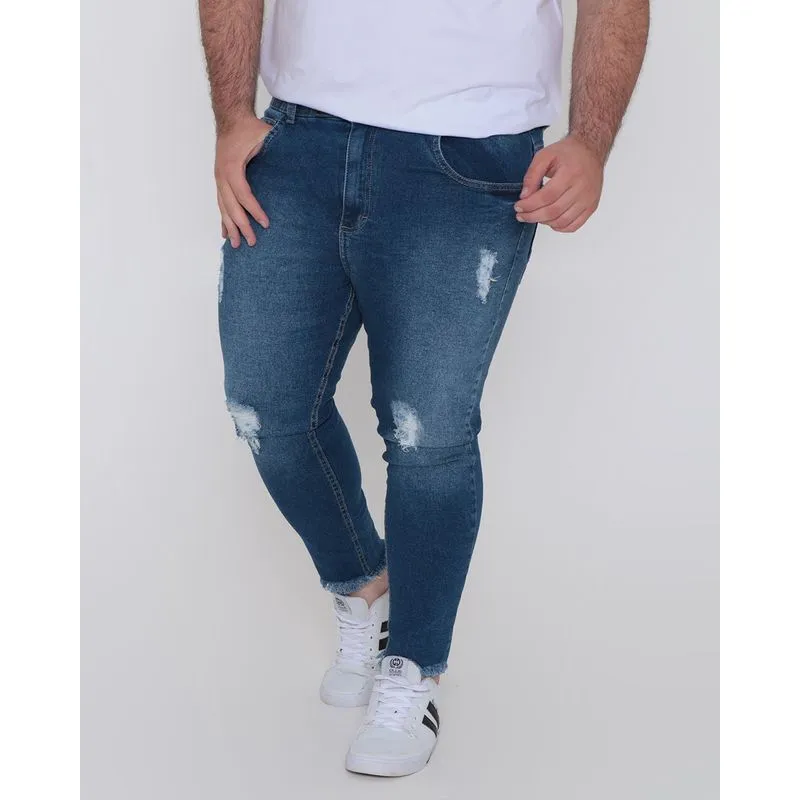 Calça Jeans Plus Size Masculina Cropped Destroyed Azul 48