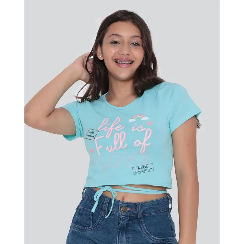 Blusa Juvenil Cropped Estampada Tiras Azul 16