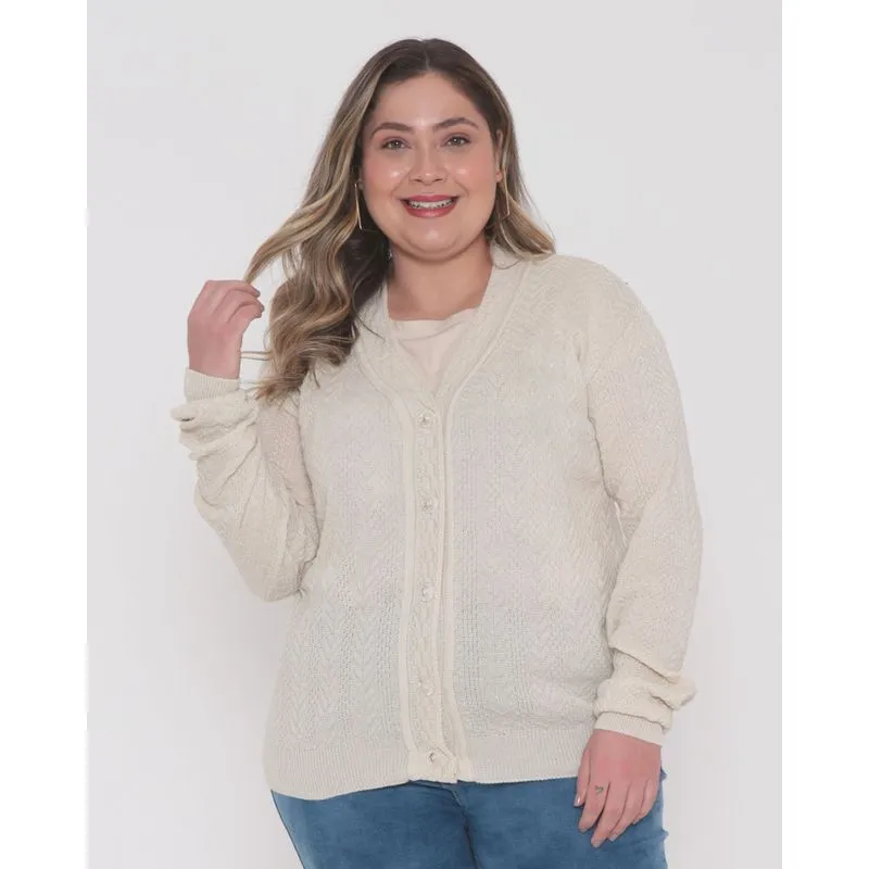 Cardigan Feminino Plus Size Tricô Bege Claro G3