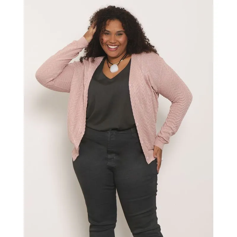 Cardigan Feminino Plus Size Tricô Rosa Claro G1