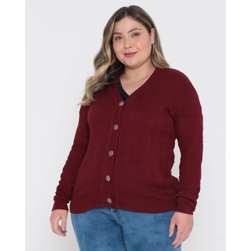 Cardigan Feminino Plus Size Tricô Vinho G3