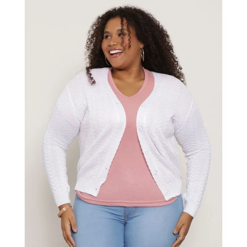 Cardigan Feminino Plus Size Tricô Branco G2