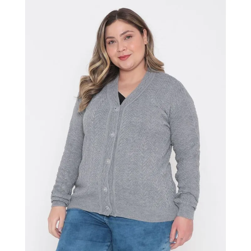 Cardigan Feminino Plus Size Tricô Cinza Médio G2