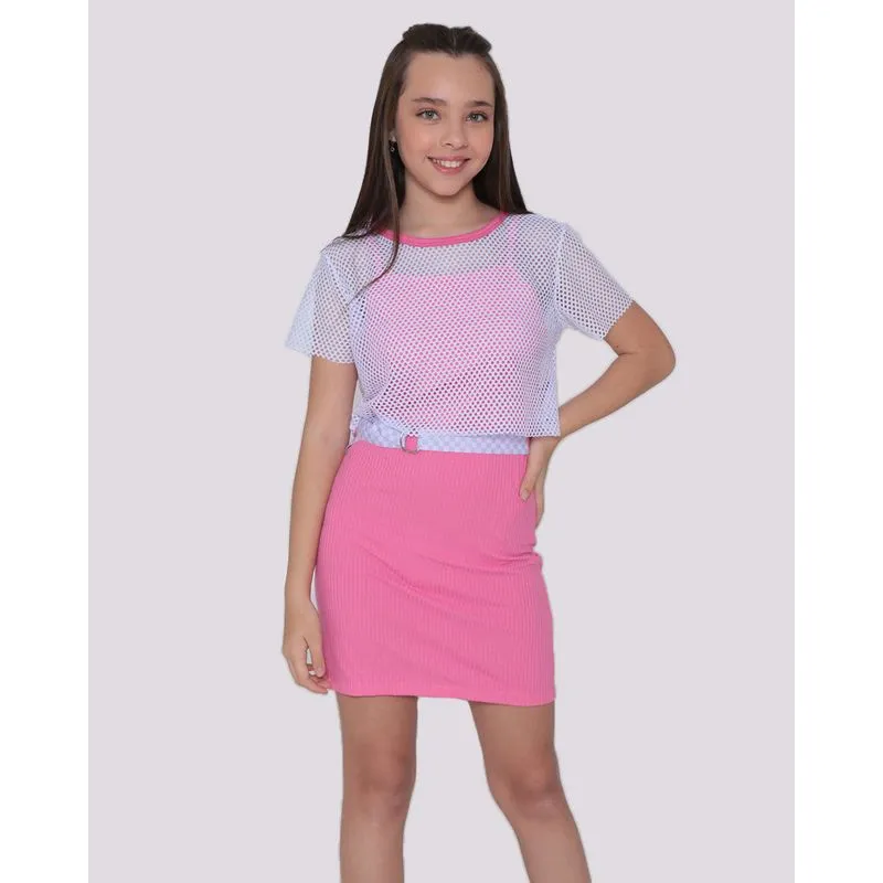 Vestido Alcinha Canelado Blusa Tela Rosa 10