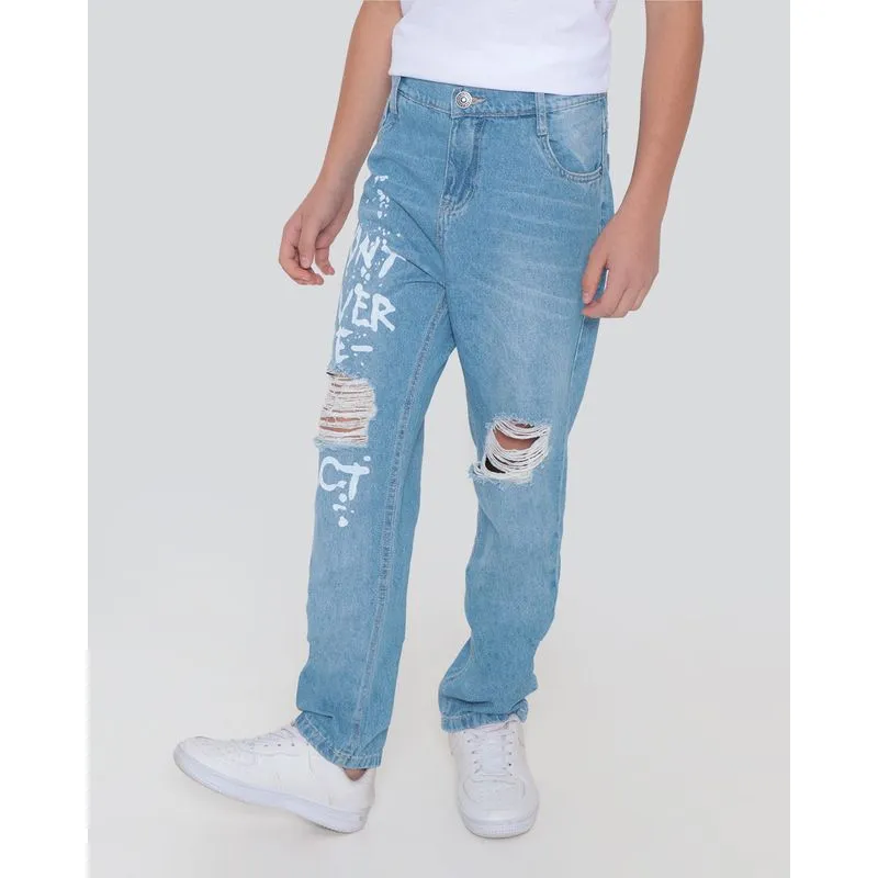 Calça Jeans Juvenil Estampada Reta Destroyed Azul 12