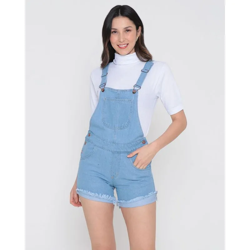 Jardineira Jeans Feminina Barra Desfiada Azul Claro 46
