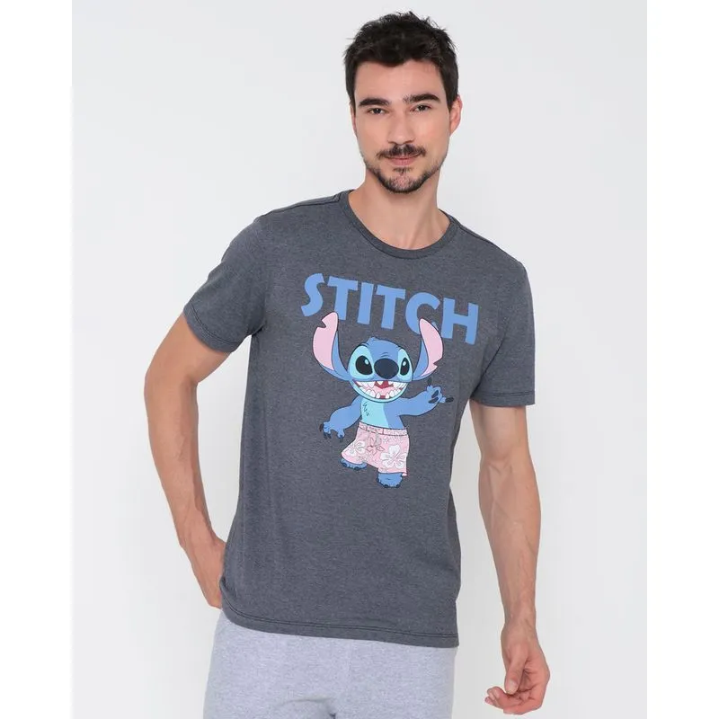 Camiseta Masculina Disney Stitch Manga Curta Cinza M