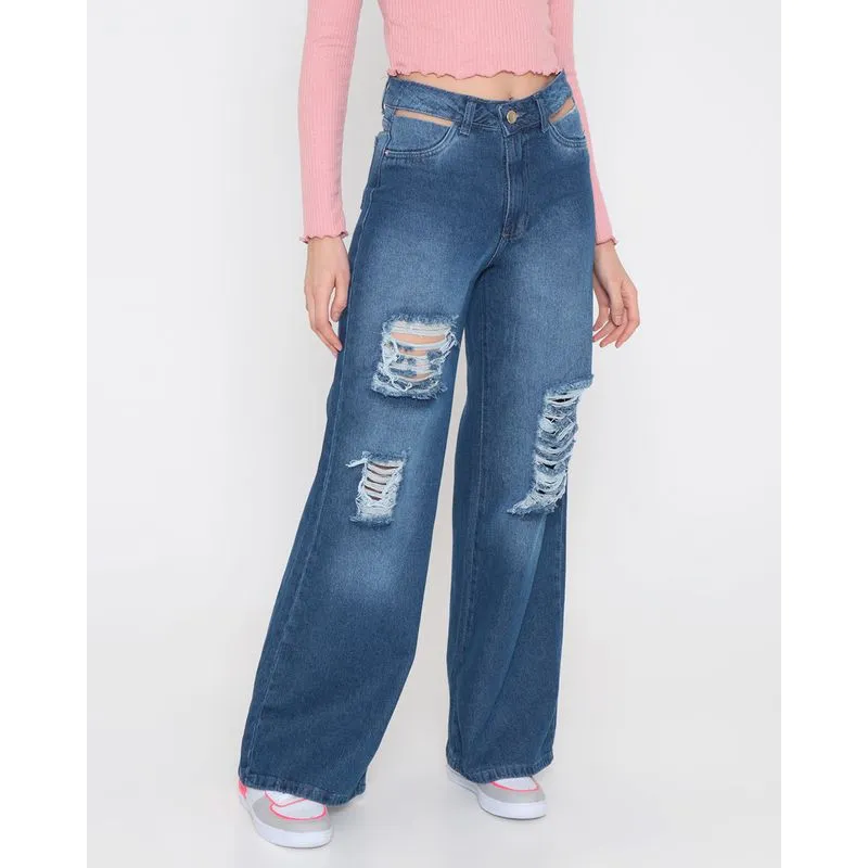 Calça Jeans Feminina Wide Leg Cut Out Destroyed Azul 38