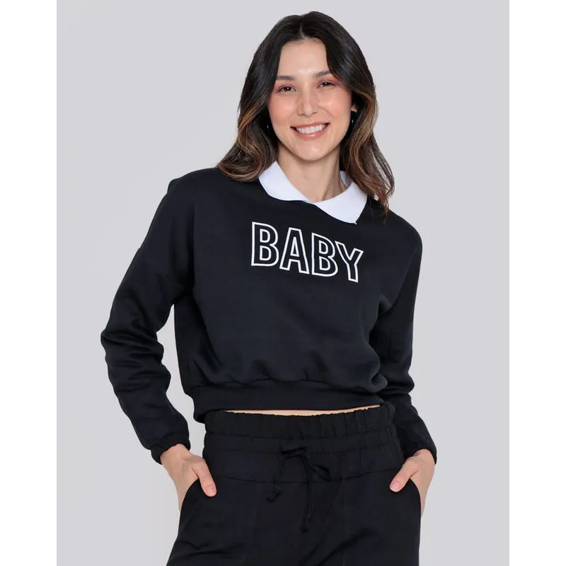Blusa Feminina Moletom Cropped Baby Preta M