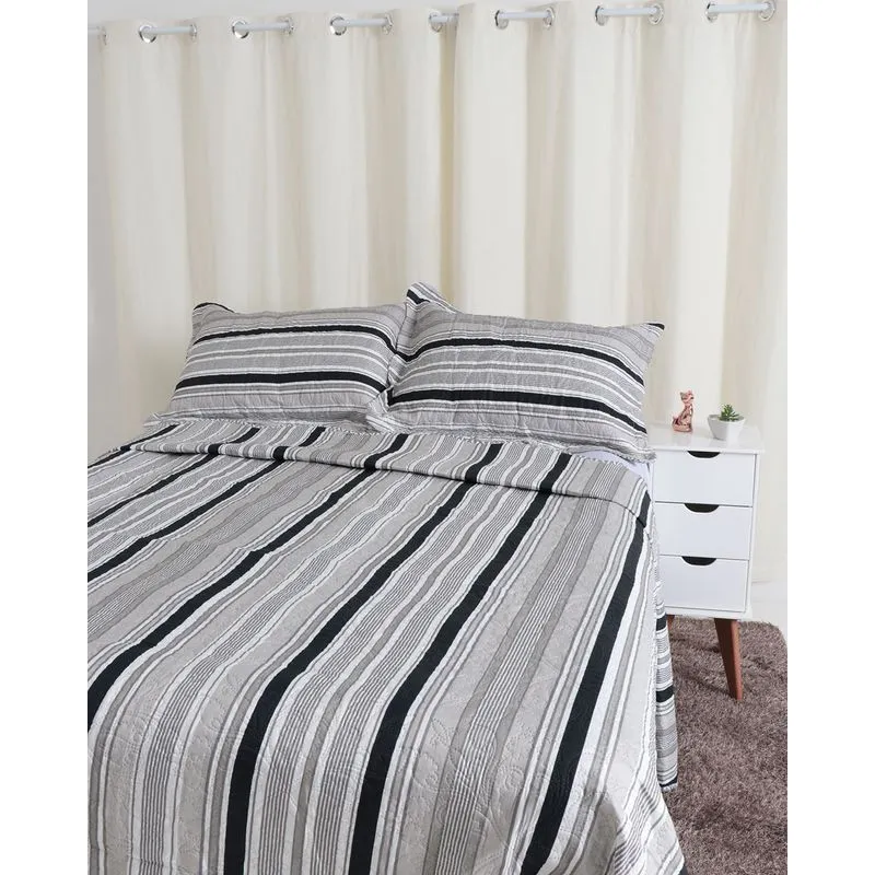 Kit Colcha Queen 3 Peças Ultrassônica Estampa Listras Bouti Plumagem Cinza UN