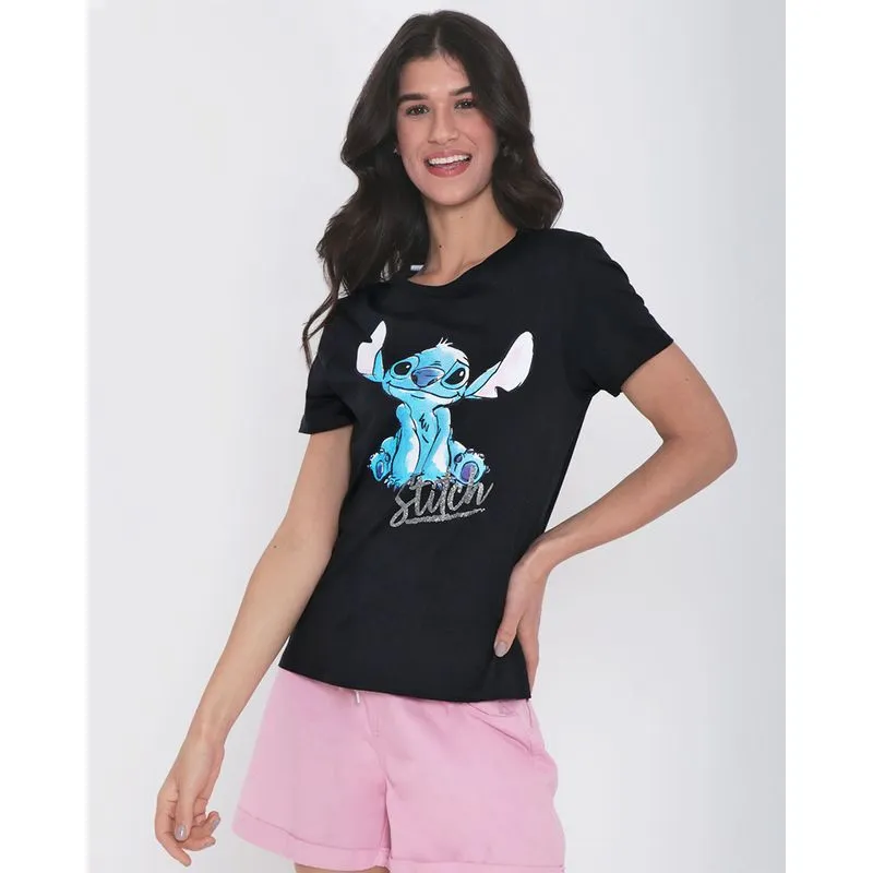 Camiseta Feminina Algodão Disney Stitch Manga Curta Preta GG