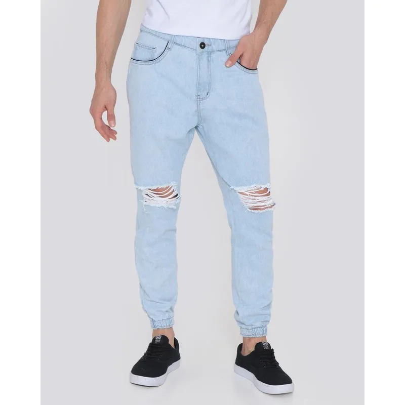 Calça Jeans Masculina Jogger Destroyed Azul Claro 48
