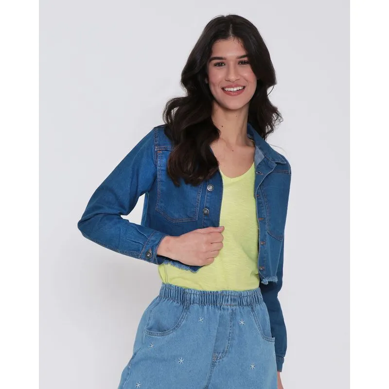 Jaqueta Jeans Feminina Cropped Azul M