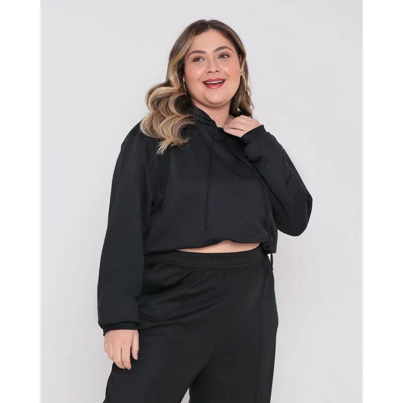 Blusão Moletom Plus Size Feminino Capuz Preto G1