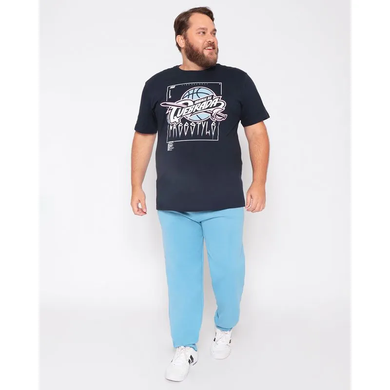 Calça Moletom Plus Size Masculina Jogger Bolso Com Zíper Azul G2