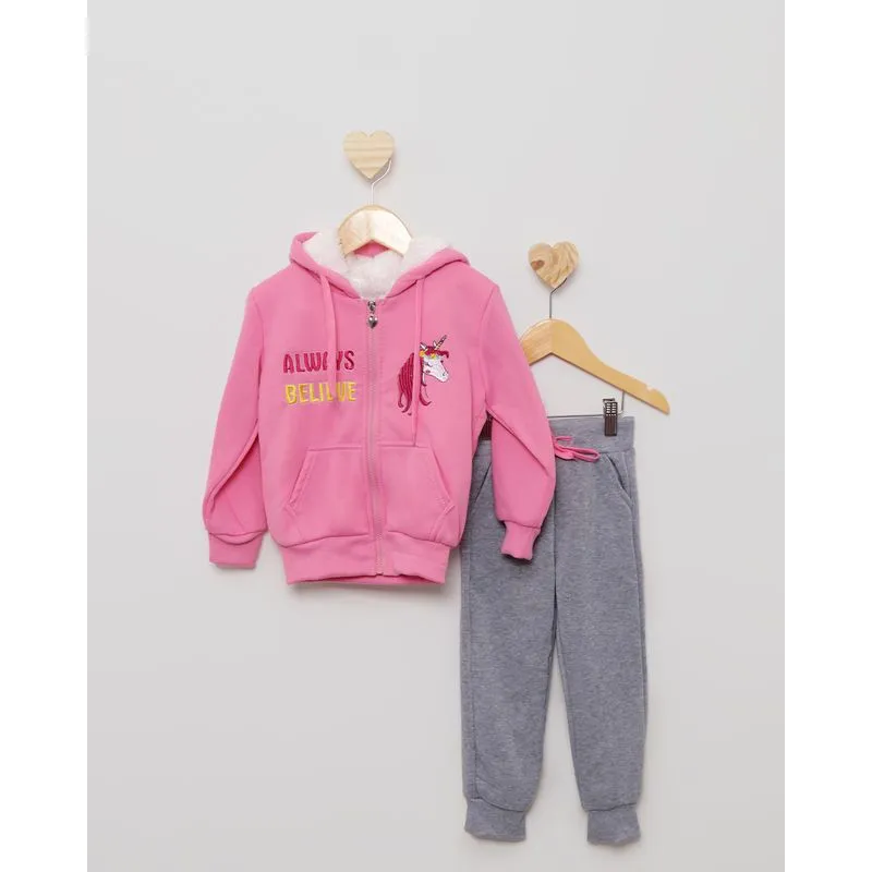 Conjunto Moletom Bebê Longo Peluciado Lindika Com Estampa Unicórnio Rosa 2